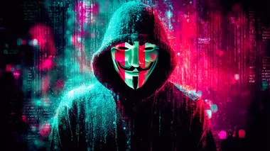 Create a dark hacker anonymous type desktop background. put code and scripts in the background. details 4k image. More blue tones with dark sci fi colours. The edges should be dark with vignette. The anonymous mask on the face should be visitble     rofile a3fetuw