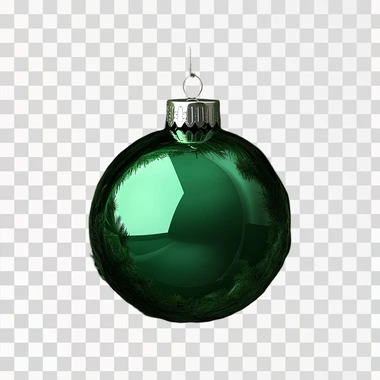 photo of a beautiful green Christmas bauble on a fir branch, transparent background