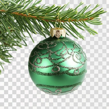 photo of a beautiful green Christmas bauble on a fir branch, transparent background