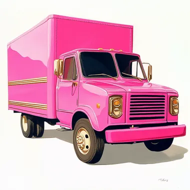 hot pink delivery truck, realistic picture, with gold accents, white backgrounfd
