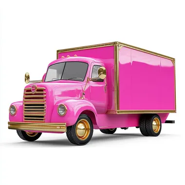 hot pink delivery truck, realistic picture, with gold accents, white backgrounfd