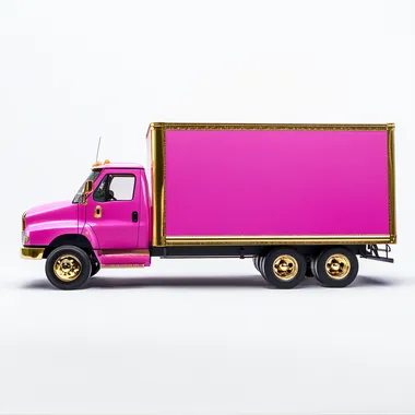 hot pink delivery truck, realistic picture, with gold accents, white backgrounfd