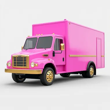 hot pink delivery truck, realistic picture, with gold accents, white backgrounfd