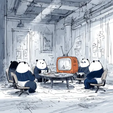 conference room where there is a retro TV instead of a modern screen, and where a bunch of business pandas squint and try to see something on this antediluvian TV  2774030412  --s 750 --sv 4