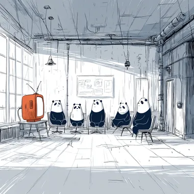 conference room where there is a retro TV instead of a modern screen, and where a bunch of business pandas squint and try to see something on this antediluvian TV  2774030412  --s 750 --sv 4
