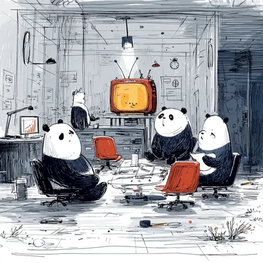 conference room where there is a retro TV instead of a modern screen, and where a bunch of business pandas squint and try to see something on this antediluvian TV  2774030412  --s 750 --sv 4
