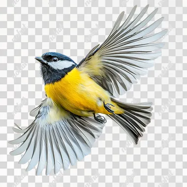 photoshoot of flying bird Parus major on white background, no shadow, no backdrop, isolated on white background, png style,  --s 250