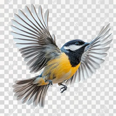 photoshoot of flying bird Parus major on white background, no shadow, no backdrop, isolated on white background, png style,  --s 250