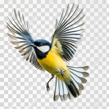 photoshoot of flying bird Parus major on white background, no shadow, no backdrop, isolated on white background, png style,  --s 250