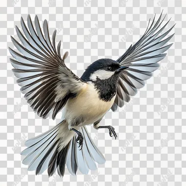 photoshoot of flying bird Parus major on white background, no shadow, no backdrop, isolated on white background, png style,  --s 250
