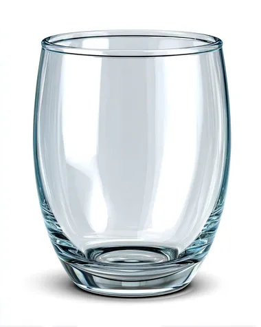 A single clear glass cup, transparent with realistic light reflections, smooth curved shape, no shadow, isolated on a pure white background. Created Using: product rendering style, photorealistic glass material, studio lighting setup, commercial cutout presentation    v9y1gv8