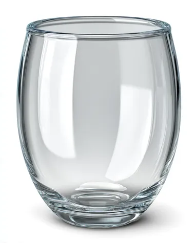 A single clear glass cup, transparent with realistic light reflections, smooth curved shape, no shadow, isolated on a pure white background. Created Using: product rendering style, photorealistic glass material, studio lighting setup, commercial cutout presentation    v9y1gv8