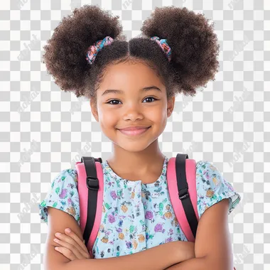 young black girl with afro puffs, wearing a backpack, smiling, full body, white background