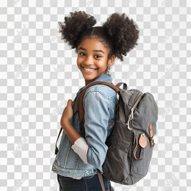 young black girl with afro puffs, wearing a backpack, smiling, full body, white background