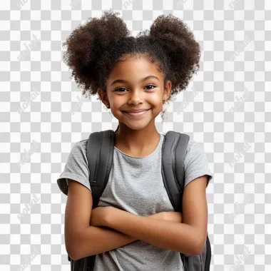 young black girl with afro puffs, wearing a backpack, smiling, full body, white background