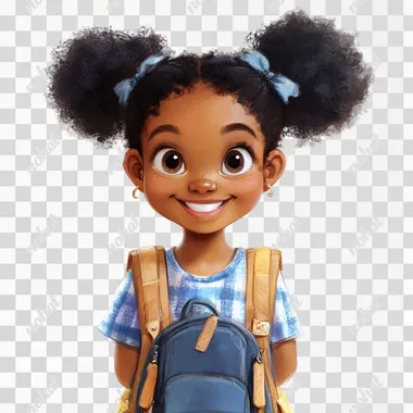 young black girl with afro puffs, wearing a backpack, smiling, full body, white background