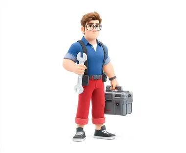 2 A plumber character holding an big wrench and wearing blue shirt, red pants and black shoes is standing on the ground with his tool box beside him. He has short hair, white skin color, dark eyes and wears glasses. The background of scene should be white. In pixar style. Isometric view. Background white.    czvalqs
