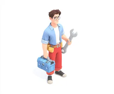 2 A plumber character holding an big wrench and wearing blue shirt, red pants and black shoes is standing on the ground with his tool box beside him. He has short hair, white skin color, dark eyes and wears glasses. The background of scene should be white. In pixar style. Isometric view. Background white.    czvalqs