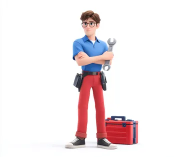 2 A plumber character holding an big wrench and wearing blue shirt, red pants and black shoes is standing on the ground with his tool box beside him. He has short hair, white skin color, dark eyes and wears glasses. The background of scene should be white. In pixar style. Isometric view. Background white.    czvalqs