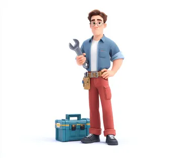 2 A plumber character holding an big wrench and wearing blue shirt, red pants and black shoes is standing on the ground with his tool box beside him. He has short hair, white skin color, dark eyes and wears glasses. The background of scene should be white. In pixar style. Isometric view. Background white.    czvalqs