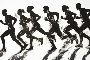 black shilouettes of running men and women finishing on white background