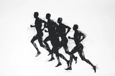 black shilouettes of running men and women finishing on white background