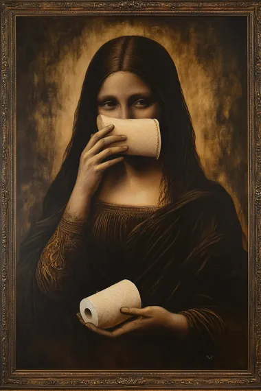 The Mona Lisa painting, holding a roll of toilet paper in one hand and covering her mouth with the other, obscuring half of her face. The toilet paper roll is in her other hand, creating a humorous and surreal image. The artwork has a realistic, cinematic style with a dark brown background, framed by a white border.