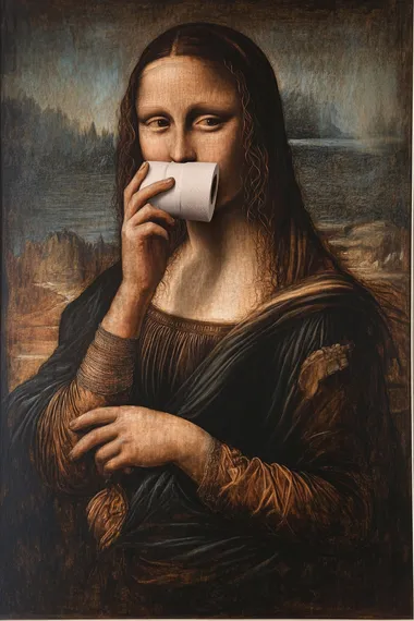 The Mona Lisa painting, holding a roll of toilet paper in one hand and covering her mouth with the other, obscuring half of her face. The toilet paper roll is in her other hand, creating a humorous and surreal image. The artwork has a realistic, cinematic style with a dark brown background, framed by a white border.
