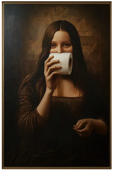 The Mona Lisa painting, holding a roll of toilet paper in one hand and covering her mouth with the other, obscuring half of her face. The toilet paper roll is in her other hand, creating a humorous and surreal image. The artwork has a realistic, cinematic style with a dark brown background, framed by a white border.