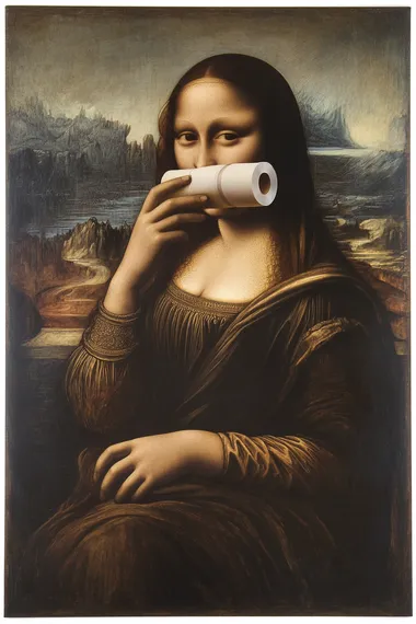 The Mona Lisa painting, holding a roll of toilet paper in one hand and covering her mouth with the other, obscuring half of her face. The toilet paper roll is in her other hand, creating a humorous and surreal image. The artwork has a realistic, cinematic style with a dark brown background, framed by a white border.