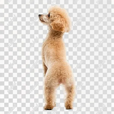 a portrait photography of Toy Poodle standing on two legs like a human, back view, isolated on white background