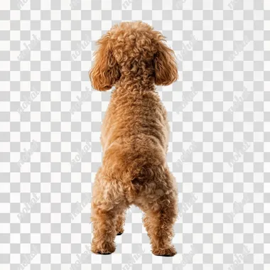 a portrait photography of Toy Poodle standing on two legs like a human, back view, isolated on white background