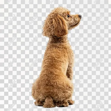 a portrait photography of Toy Poodle standing on two legs like a human, back view, isolated on white background