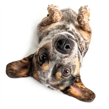 the dog is lying on its back, foreshortened from above, super realistic photo, isolated on a white background