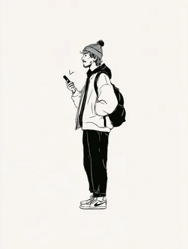 character male scrolling on the phone, detailed outline illustration   --raw rofile 7um94st kpk8tpe