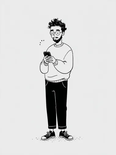character male scrolling on the phone, detailed outline illustration   --raw rofile 7um94st kpk8tpe