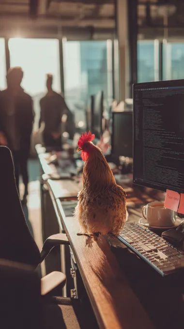 A rooster is sitting on an ergonomic office chair, pecking rapidly at a mechanical keyboard with its beak. Warm natural light pours in through floor-to-ceiling windows, casting soft shadows on the desk. The clean and tidy workspace holds a coffee cup and sticky notes, while the screen displays Python/JavaScript code. In the softly blurred open-office background, colleagues can be seen moving about. Shot from a smartphone perspective with slight lens distortion, the image features 4K ultra-high-definition quality and a shallow depth of field focused on the keyboard, capturing the spontaneous feel of a quick phone snapshot.