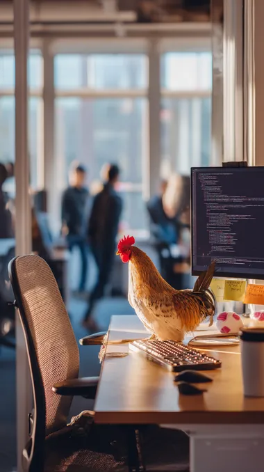 A rooster is sitting on an ergonomic office chair, pecking rapidly at a mechanical keyboard with its beak. Warm natural light pours in through floor-to-ceiling windows, casting soft shadows on the desk. The clean and tidy workspace holds a coffee cup and sticky notes, while the screen displays Python/JavaScript code. In the softly blurred open-office background, colleagues can be seen moving about. Shot from a smartphone perspective with slight lens distortion, the image features 4K ultra-high-definition quality and a shallow depth of field focused on the keyboard, capturing the spontaneous feel of a quick phone snapshot.