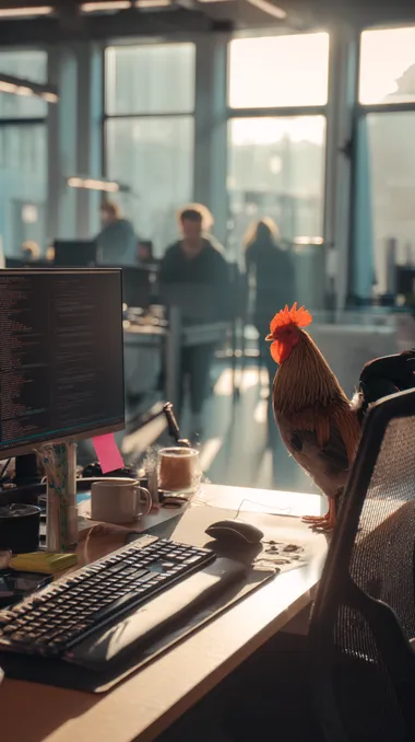 A rooster is sitting on an ergonomic office chair, pecking rapidly at a mechanical keyboard with its beak. Warm natural light pours in through floor-to-ceiling windows, casting soft shadows on the desk. The clean and tidy workspace holds a coffee cup and sticky notes, while the screen displays Python/JavaScript code. In the softly blurred open-office background, colleagues can be seen moving about. Shot from a smartphone perspective with slight lens distortion, the image features 4K ultra-high-definition quality and a shallow depth of field focused on the keyboard, capturing the spontaneous feel of a quick phone snapshot.