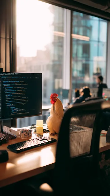 A rooster is sitting on an ergonomic office chair, pecking rapidly at a mechanical keyboard with its beak. Warm natural light pours in through floor-to-ceiling windows, casting soft shadows on the desk. The clean and tidy workspace holds a coffee cup and sticky notes, while the screen displays Python/JavaScript code. In the softly blurred open-office background, colleagues can be seen moving about. Shot from a smartphone perspective with slight lens distortion, the image features 4K ultra-high-definition quality and a shallow depth of field focused on the keyboard, capturing the spontaneous feel of a quick phone snapshot.
