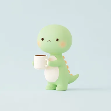 3D render of a cute cartoon dinosaur drinking coffee, with a minimal background rofile lencq3n  --s 250
