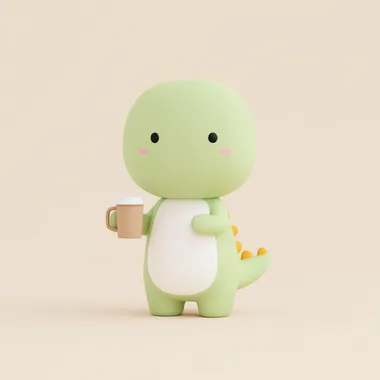 3D render of a cute cartoon dinosaur drinking coffee, with a minimal background rofile lencq3n  --s 250