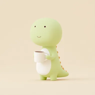 3D render of a cute cartoon dinosaur drinking coffee, with a minimal background rofile lencq3n  --s 250