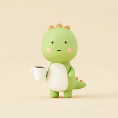 3D render of a cute cartoon dinosaur drinking coffee, with a minimal background rofile lencq3n  --s 250