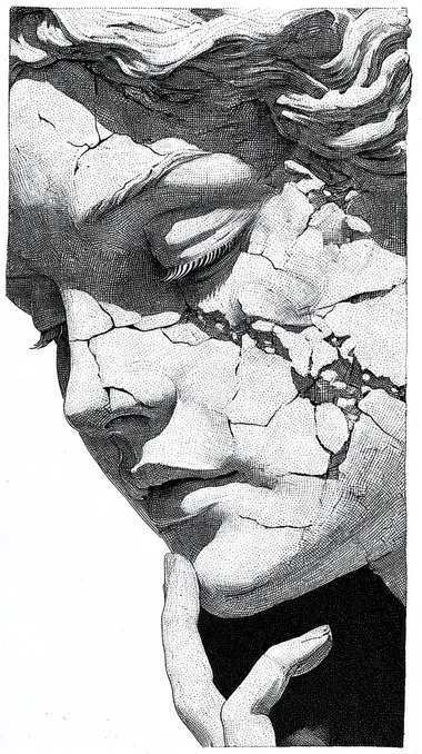 lineart illustration portrait of a Greek godess statue with cracked porcelain skin, showcasing the beauty and elegance that is contrasted by her broken appearance. The focus is on the face. tattoostincel,uncropped,clean white background
