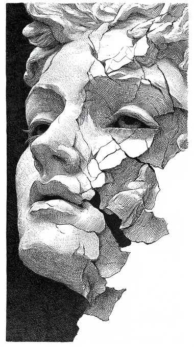 lineart illustration portrait of a Greek godess statue with cracked porcelain skin, showcasing the beauty and elegance that is contrasted by her broken appearance. The focus is on the face. tattoostincel,uncropped,clean white background