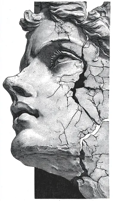 lineart illustration portrait of a Greek godess statue with cracked porcelain skin, showcasing the beauty and elegance that is contrasted by her broken appearance. The focus is on the face. tattoostincel,uncropped,clean white background