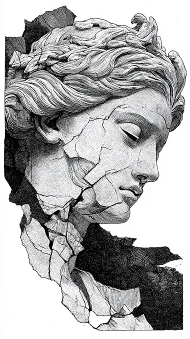 lineart illustration portrait of a Greek godess statue with cracked porcelain skin, showcasing the beauty and elegance that is contrasted by her broken appearance. The focus is on the face. tattoostincel,uncropped,clean white background