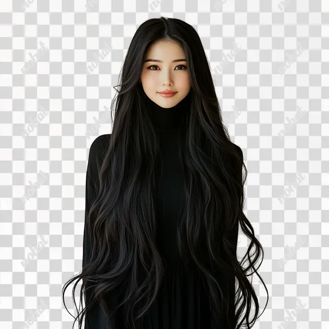 Japan female model with long black hair, classy commercial photography PNG