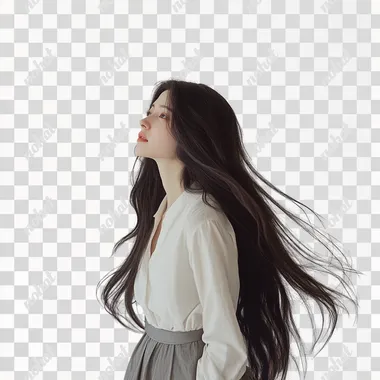 Japan, female model, long hair, white background, classy, commercial photography